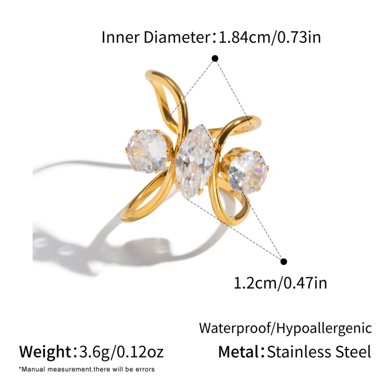 Light Luxury High End Stylish Versatile Irregular Geometric Line Zircon Ring 18K Gold Plated Waterproof Stainless Steel YF8317