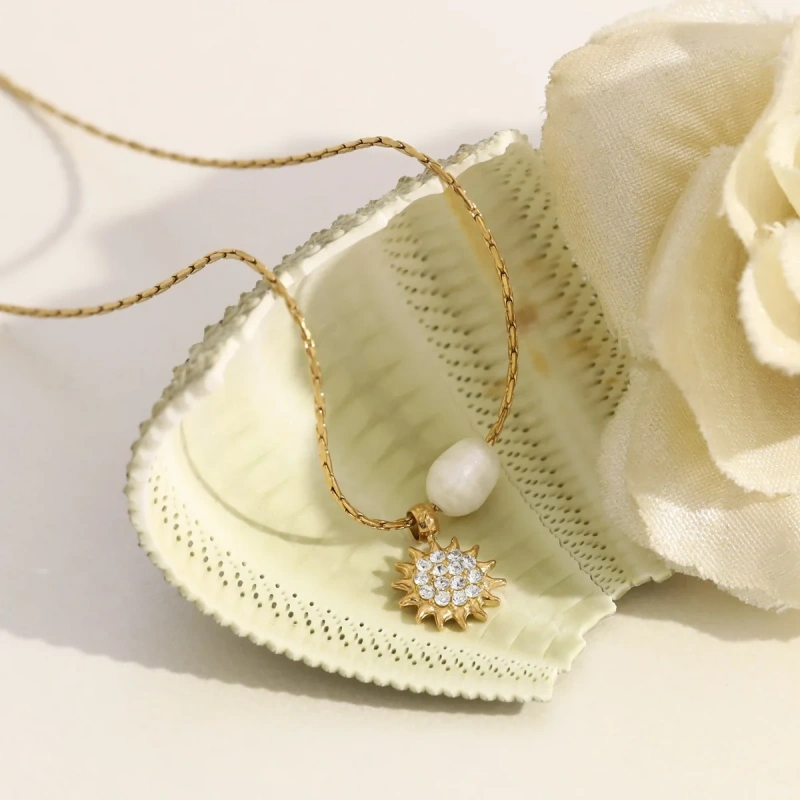 INS Style Natural Freshwater Pearl Necklace with Sunflower for Women 18K Gold Plated Waterproof Stainless Steel YF8327