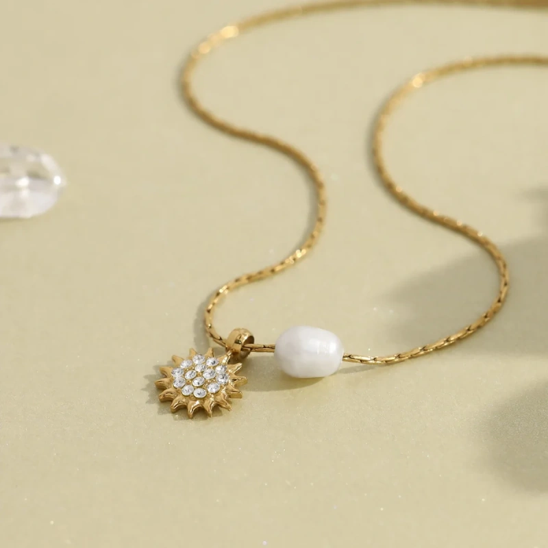 INS Style Natural Freshwater Pearl Necklace with Sunflower for Women 18K Gold Plated Waterproof Stainless Steel YF8327