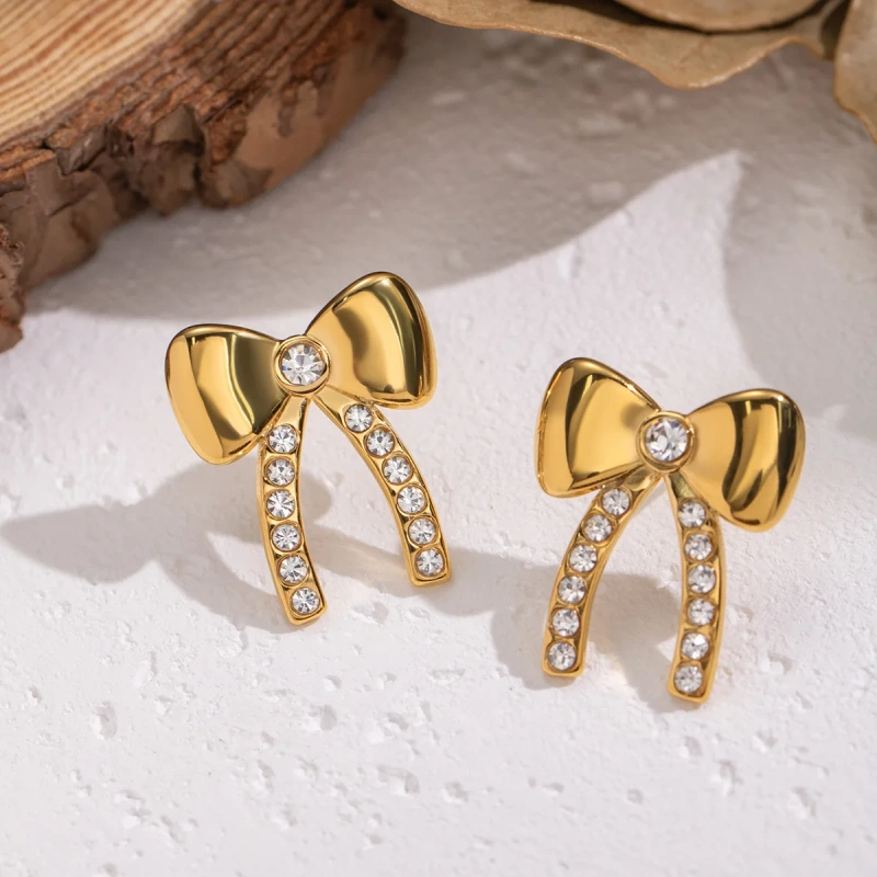 Fashionable Exquisite Personalized Temperament Zirconia Bowknot Earrings18K Gold Plated Waterproof Stainless Steel YF8315