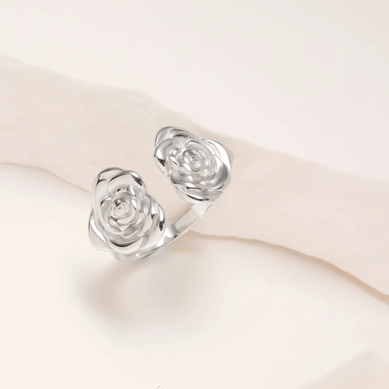 Niche Minimalist Stylish Open Gold Rose Flower Ring 18K Gold Plated Waterproof Stainless Steel YF8306