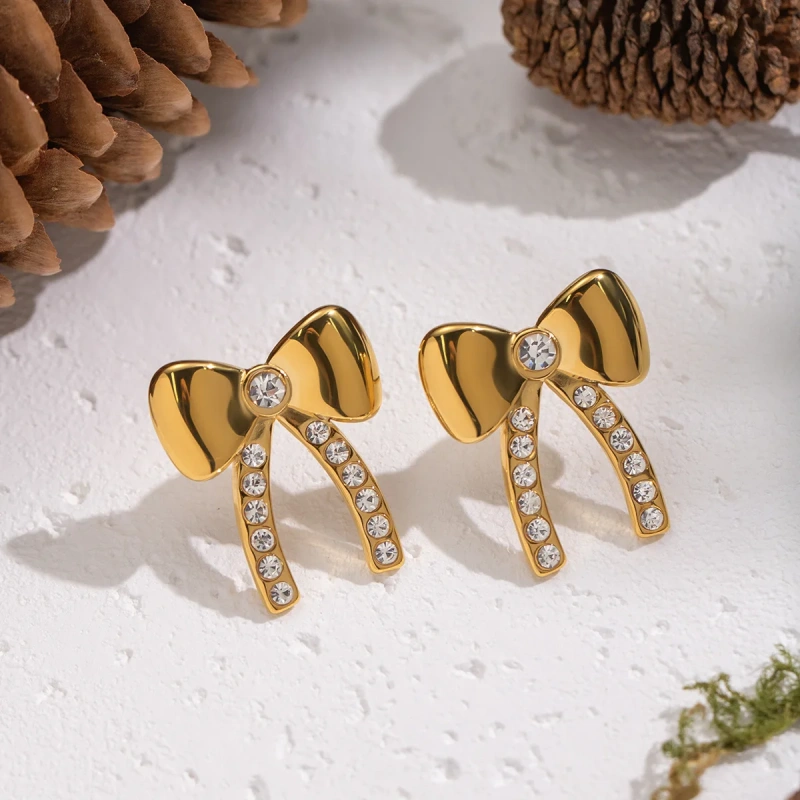 Fashionable Exquisite Personalized Temperament Zirconia Bowknot Earrings18K Gold Plated Waterproof Stainless Steel YF8315