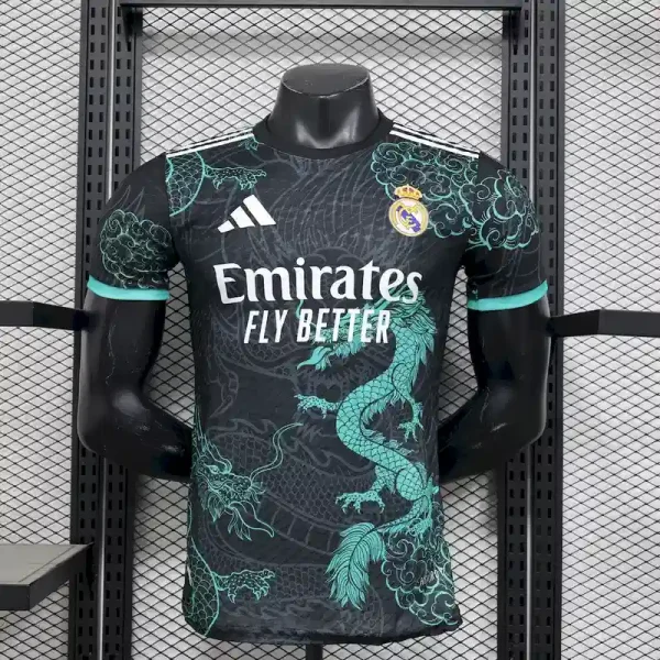 2025/2026 Player Version Real Madrid Black Green Dragon Edition Soccer Jersey