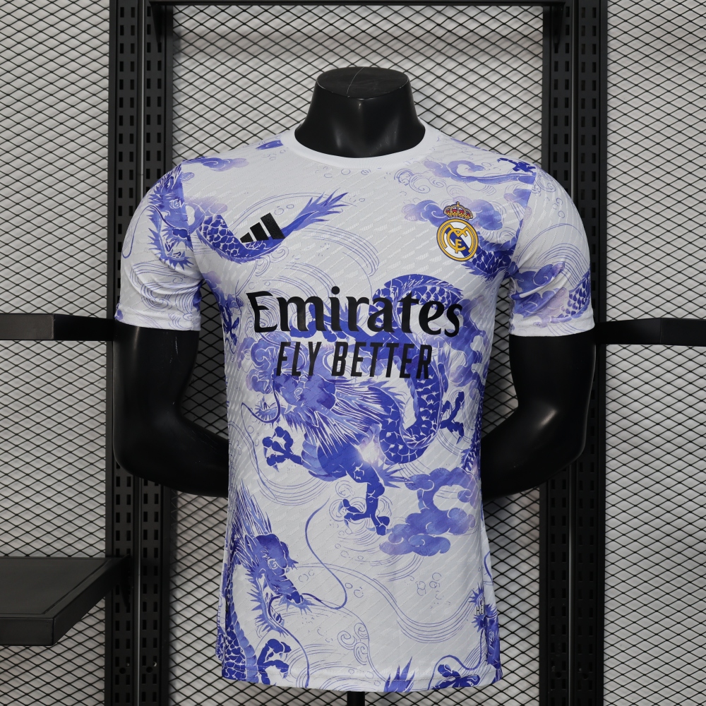 2025/2026 Player Version Real Madrid White Blue Dragon Special Version Soccer Jersey