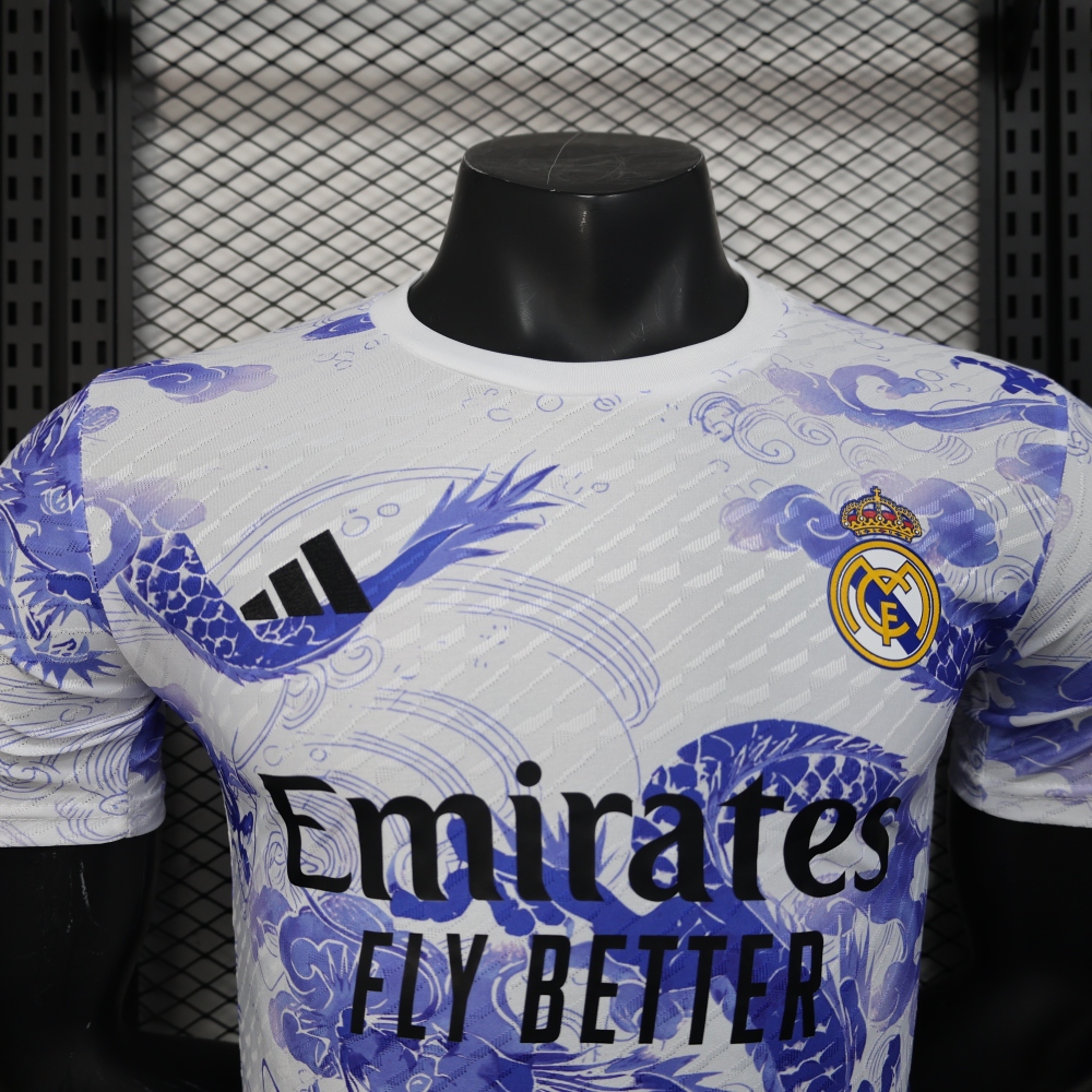 2025/2026 Player Version Real Madrid White Blue Dragon Special Version Soccer Jersey