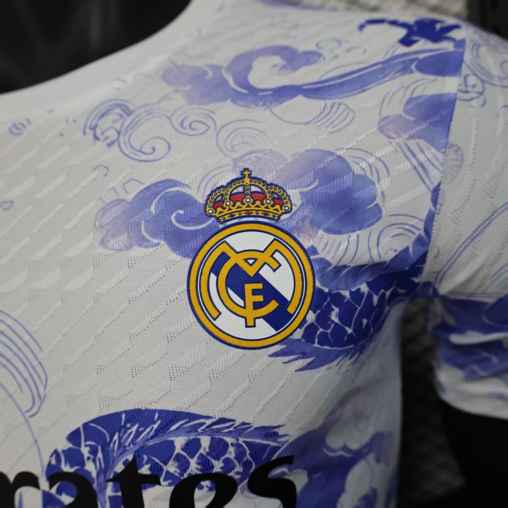 2025/2026 Player Version Real Madrid White Blue Dragon Special Version Soccer Jersey