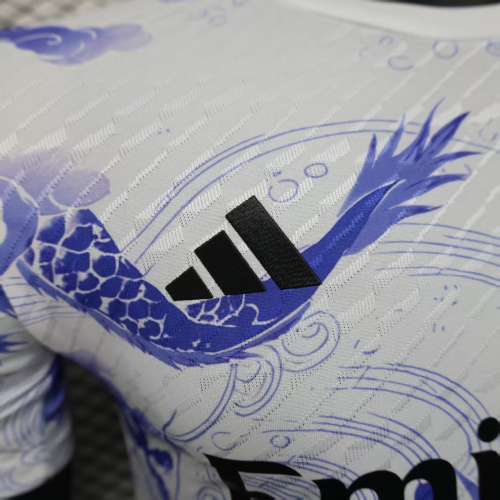 2025/2026 Player Version Real Madrid White Blue Dragon Special Version Soccer Jersey