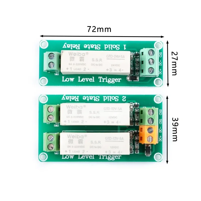 1 2 Channels 5V/12V/24V Low-level Trigger Solid State Relay Module DC-controlled DC Single-phase Device