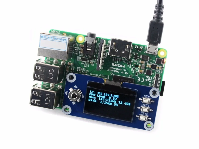 Waveshare 1.3inch OLED display HAT for Raspberry Pi 2B/3B/3B+/Zero/Zero W,128x64 pixels,SPI,I2C interface,embedded controller