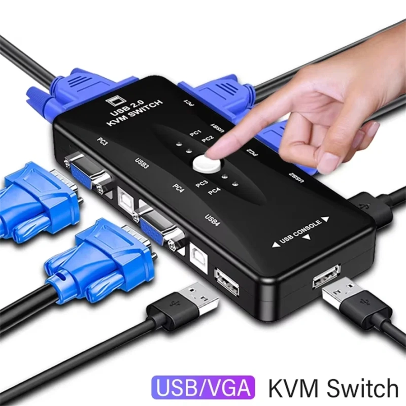 KVM Switch VGA USB 2.0 Switch Adapter Shared Controller 4 Input 1 Output For Computer Projector Printer Keyboard Mouse KVM cable