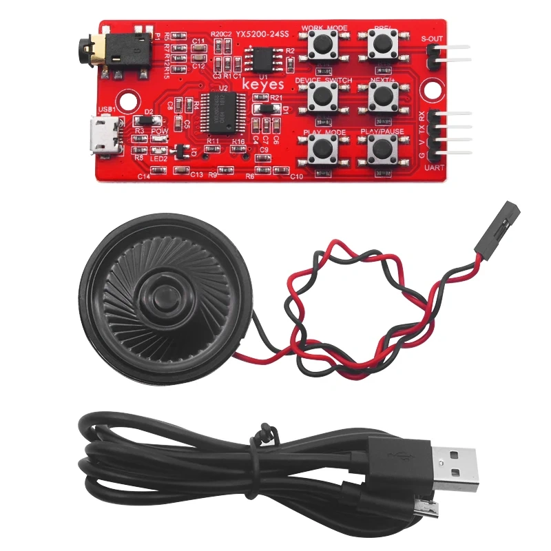 KEYES YX5200-24SS MP3 Voice Module With TF Card Solt +Speaker+Micro USB UART Port For Arduino &Raspberry Pi Projects DIY Kit