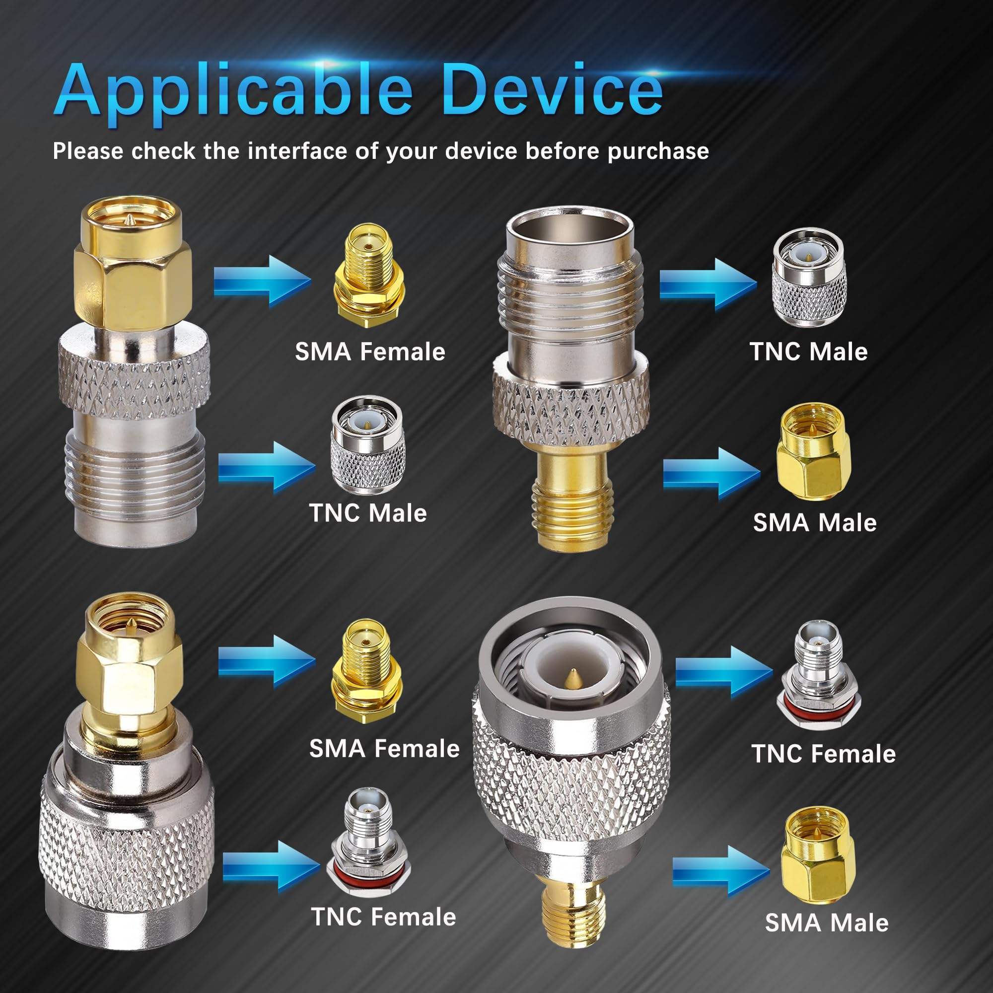 TNC to SMA Adapter SMA Male Female to TNC Female Male Type Straight RF Coaxial Connector Brass 50ohm Coax Cable Converter