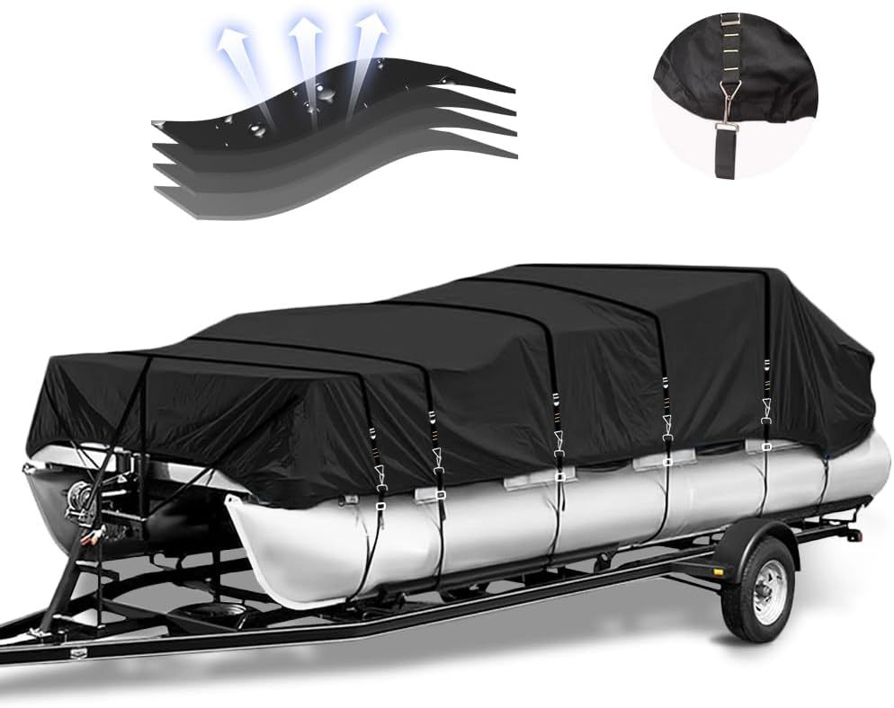 420D Oxford Cloth Pontoon Boat Cover PU Coating Rip-Resistent Trailerable Pontoon Boat Cover Fits 17'-20' Beam Width: up to 102"