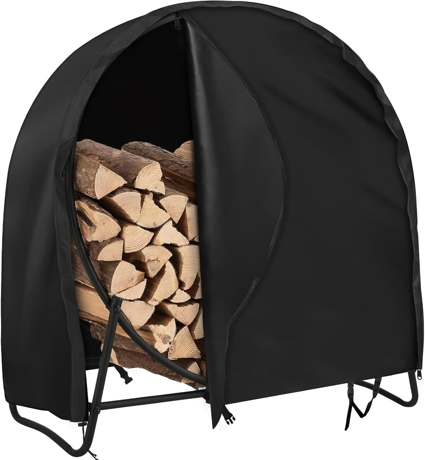 Firewood Log Hoop Cover, 40 Inch Round Fire Wood Rack Cover Outdoor Waterproof Resistant Log Rack Cover Round Log Holder cover Fit for 30" 32" 36” 40 ” Hoop Rack (Black, 40”x24”x41”)