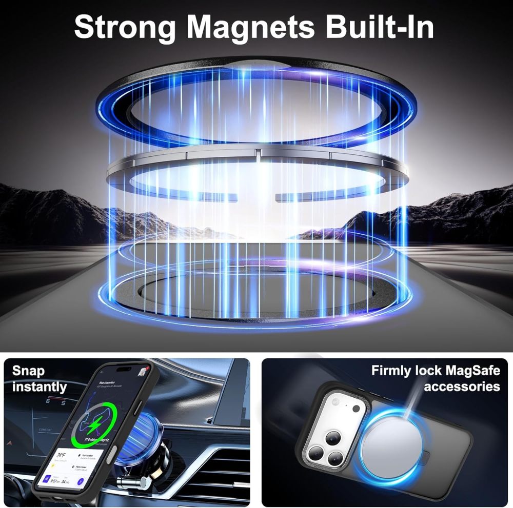 Magnetic for iPhone 17 Pro Case with Ring Stand, [10 FT Drop Protection] [Velvety Touch] Slim Translucent Matte Back Shockproof Phone Case for iPhone 17 Pro 6.3'', Space Black