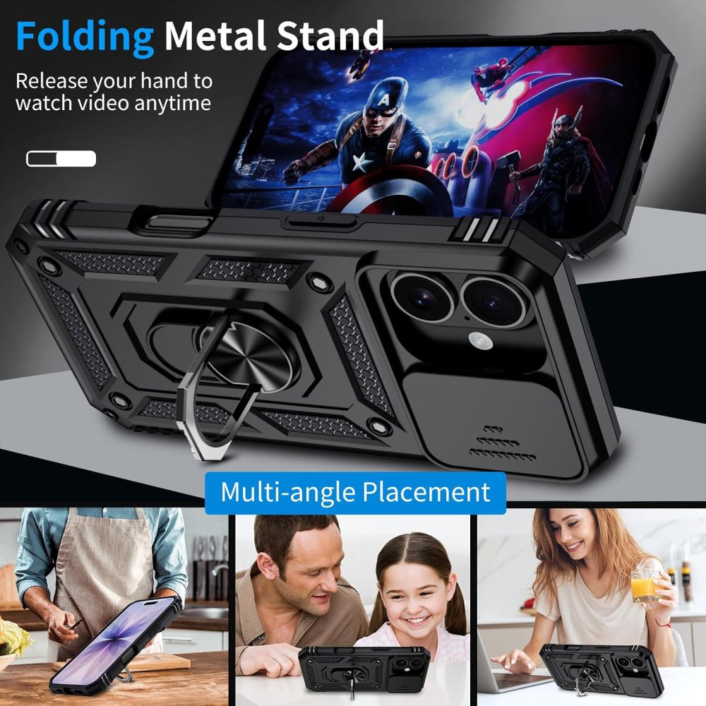 for iPhone 17 Case with HD Screen Protector & Slide Camera Cover & Rotated Ring Kickstand, [Military-Grade] Rugged Heavy Duty Protective Phone Case for iPhone 17 6.3 inch, Black