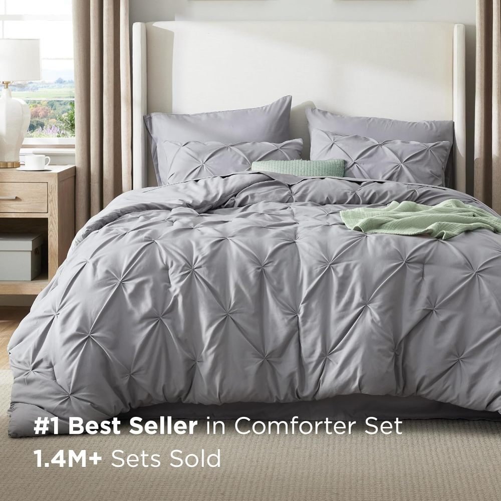 Bedsure King Size Comforter Set - Bedding Sets King 7 Pieces, Pintuck Bed in a Bag Grey Bed Set with Comforter, Sheets, Pillowcases & Shams