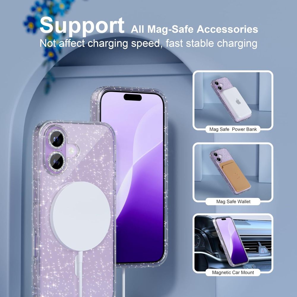 Choiche Magnetic for iPhone 17 Case Compatible with MagSafe, Women Cute Glitter Sparkly Phone Case with Diamond Camera Lens Protectors, Military-Grade Drop Protection 6.3" (Clear)