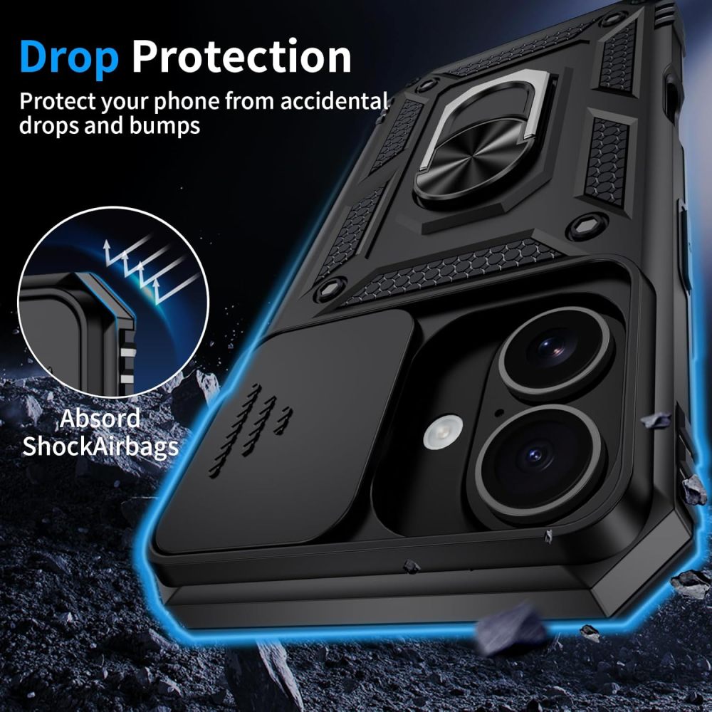 for iPhone 17 Case with HD Screen Protector & Slide Camera Cover & Rotated Ring Kickstand, [Military-Grade] Rugged Heavy Duty Protective Phone Case for iPhone 17 6.3 inch, Black