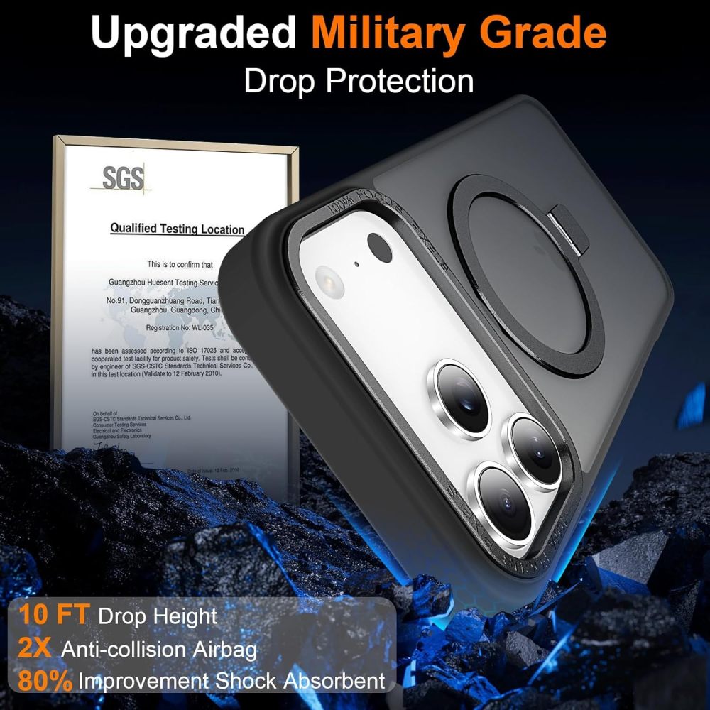 Magnetic for iPhone 17 Pro Case with Ring Stand, [10 FT Drop Protection] [Velvety Touch] Slim Translucent Matte Back Shockproof Phone Case for iPhone 17 Pro 6.3'', Space Black