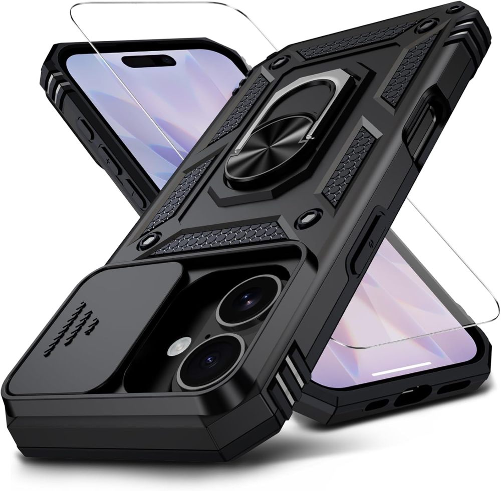 for iPhone 17 Case with HD Screen Protector & Slide Camera Cover & Rotated Ring Kickstand, [Military-Grade] Rugged Heavy Duty Protective Phone Case for iPhone 17 6.3 inch, Black