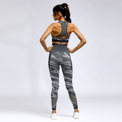 Womens camo printing gym bra gym shorts and pants three in one sets