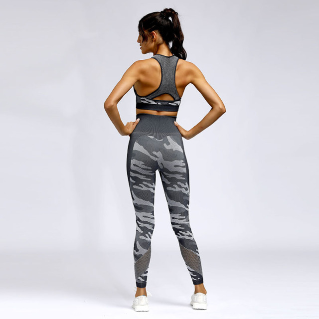 Womens camo printing gym bra gym shorts and pants three in one sets