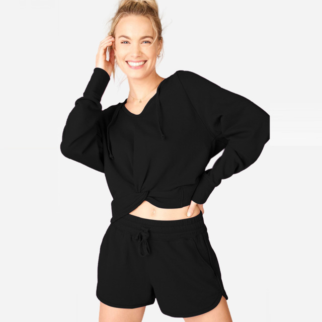 Women gym hoodie crop top and shorts for fitness and yoga in door sports running suit