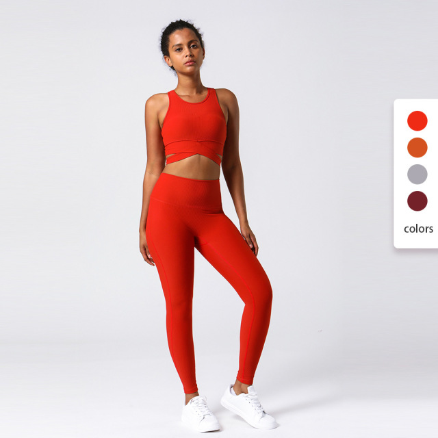 Women yoga pants and bra tops one set running gym fitness wear tops and leggings rib materials.