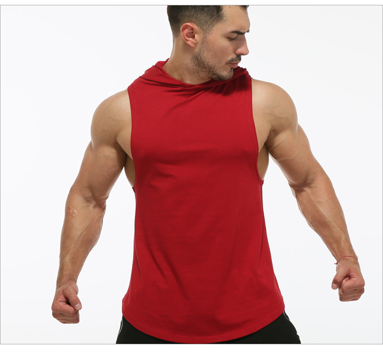 Mens hood gym shirt sleeveless gym t shirt with hoodie blank color custom logos