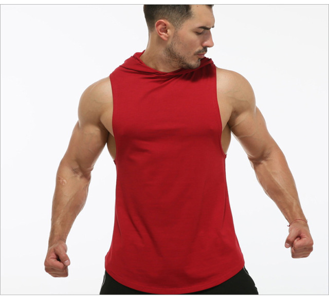 Mens hood gym shirt sleeveless gym t shirt with hoodie blank color custom logos