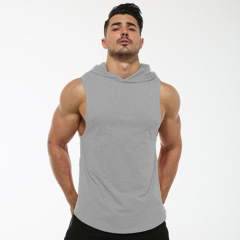 Mens hood gym shirt sleeveless gym t shirt with hoodie blank color custom logos