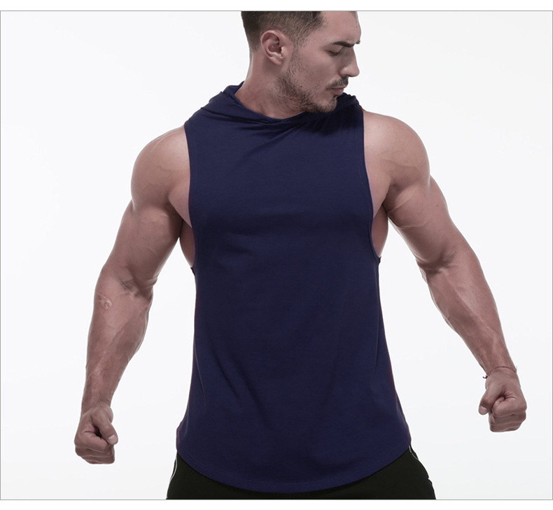 Mens hood gym shirt sleeveless gym t shirt with hoodie blank color custom logos