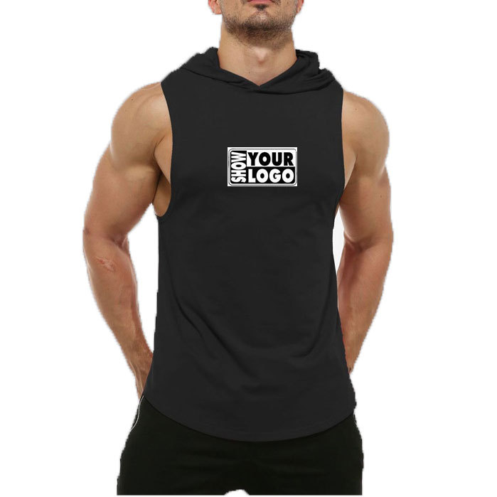 Mens hood gym shirt sleeveless gym t shirt with hoodie blank color custom logos