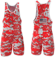 Red camo printing mens wrestling singlet apparel