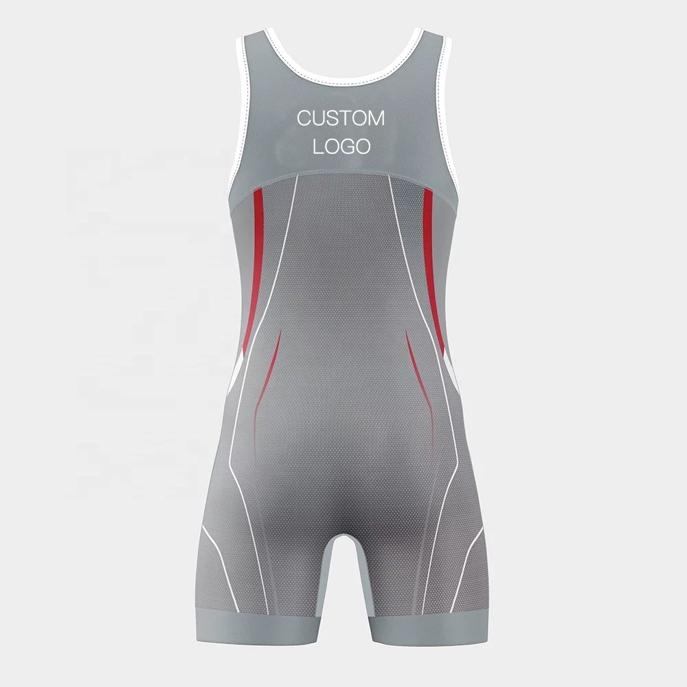 Grey color custom logo and stripes mens wrestling singlet shirt