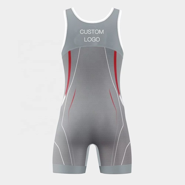 Grey color custom logo and stripes mens wrestling singlet shirt