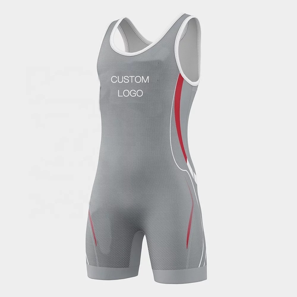Grey color custom logo and stripes mens wrestling singlet shirt