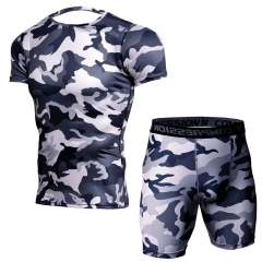 Camo Printing Mens Gym Fitness Compression T Shirts Shorts