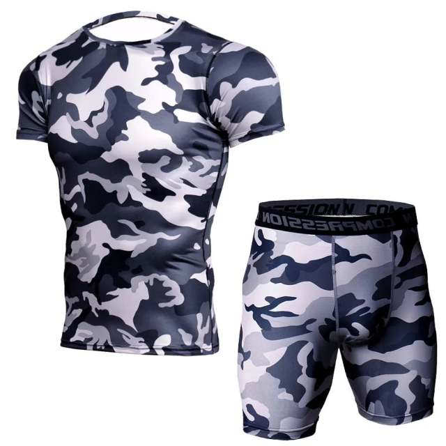 Camo Printing Mens Gym Fitness Compression T Shirts Shorts