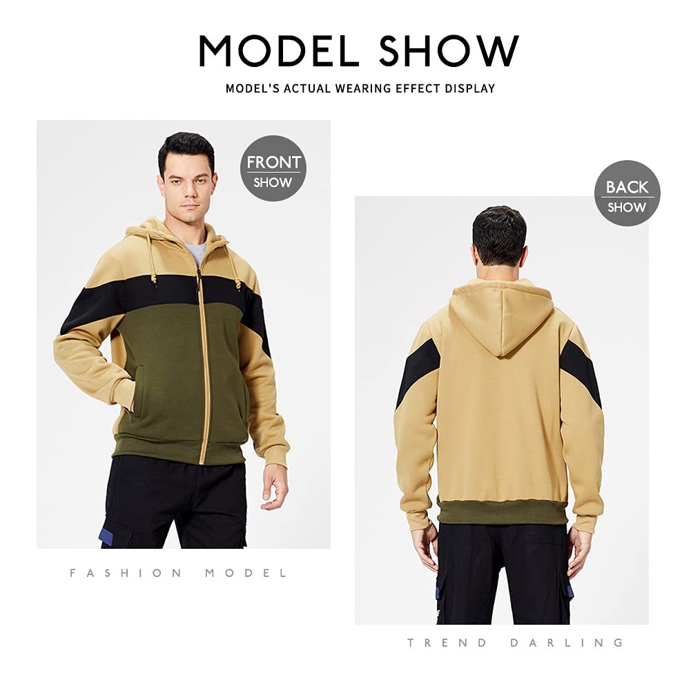 Slim Fit Long Sleeve Zip-up Fleece Hoodie Color Block Sweatshirt with Kanga Pocket