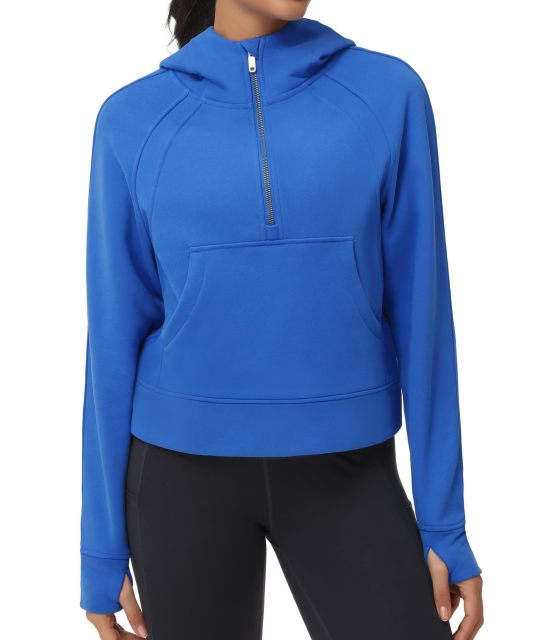 Womens' Hoodies Half Zip Long Sleeve Fleece Crop Pullover Sweatshirts with Pockets Thumb Hole