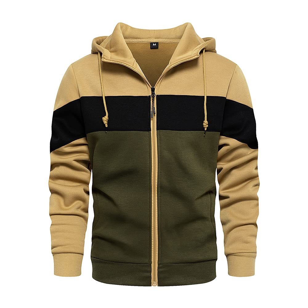 Slim Fit Long Sleeve Zip-up Fleece Hoodie Color Block Sweatshirt with Kanga Pocket