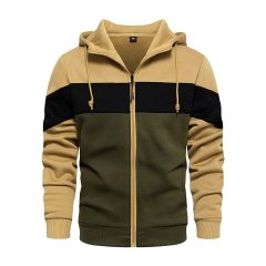 Slim Fit Long Sleeve Zip-up Fleece Hoodie Color Block Sweatshirt with Kanga Pocket
