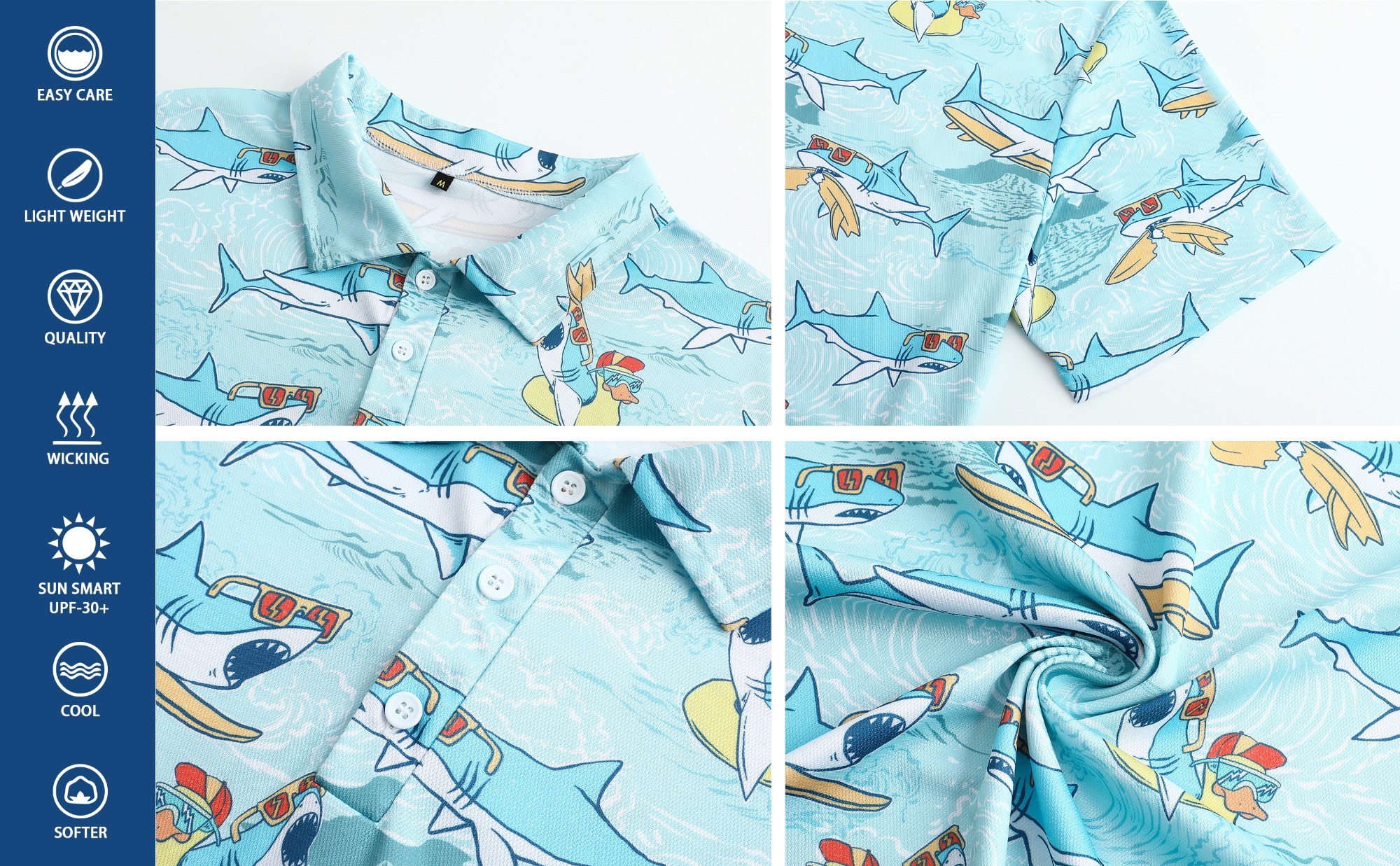Funny Golf Shirt for Men Dry Fit Short Sleeve Print Men's Shark Golf Polo Shirt