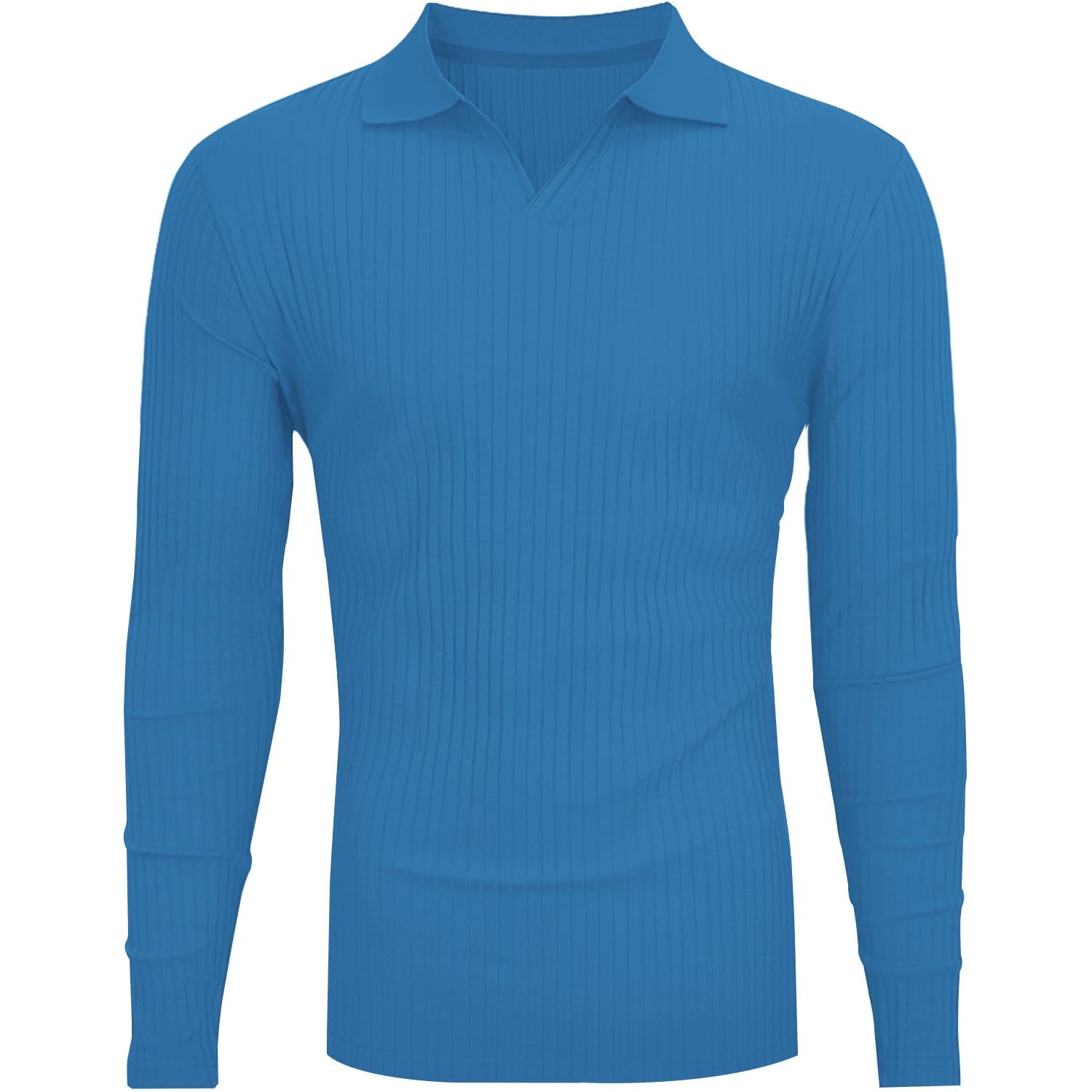 V Neck Polo Shirts Slim Fit Long Sleeve Golf T-Shirts Ribbed Knit Soft Tees