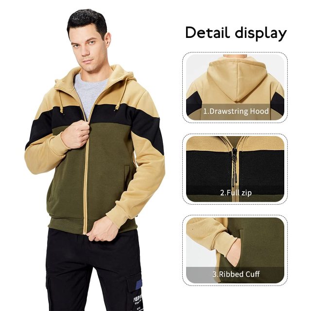 Slim Fit Long Sleeve Zip-up Fleece Hoodie Color Block Sweatshirt with Kanga Pocket