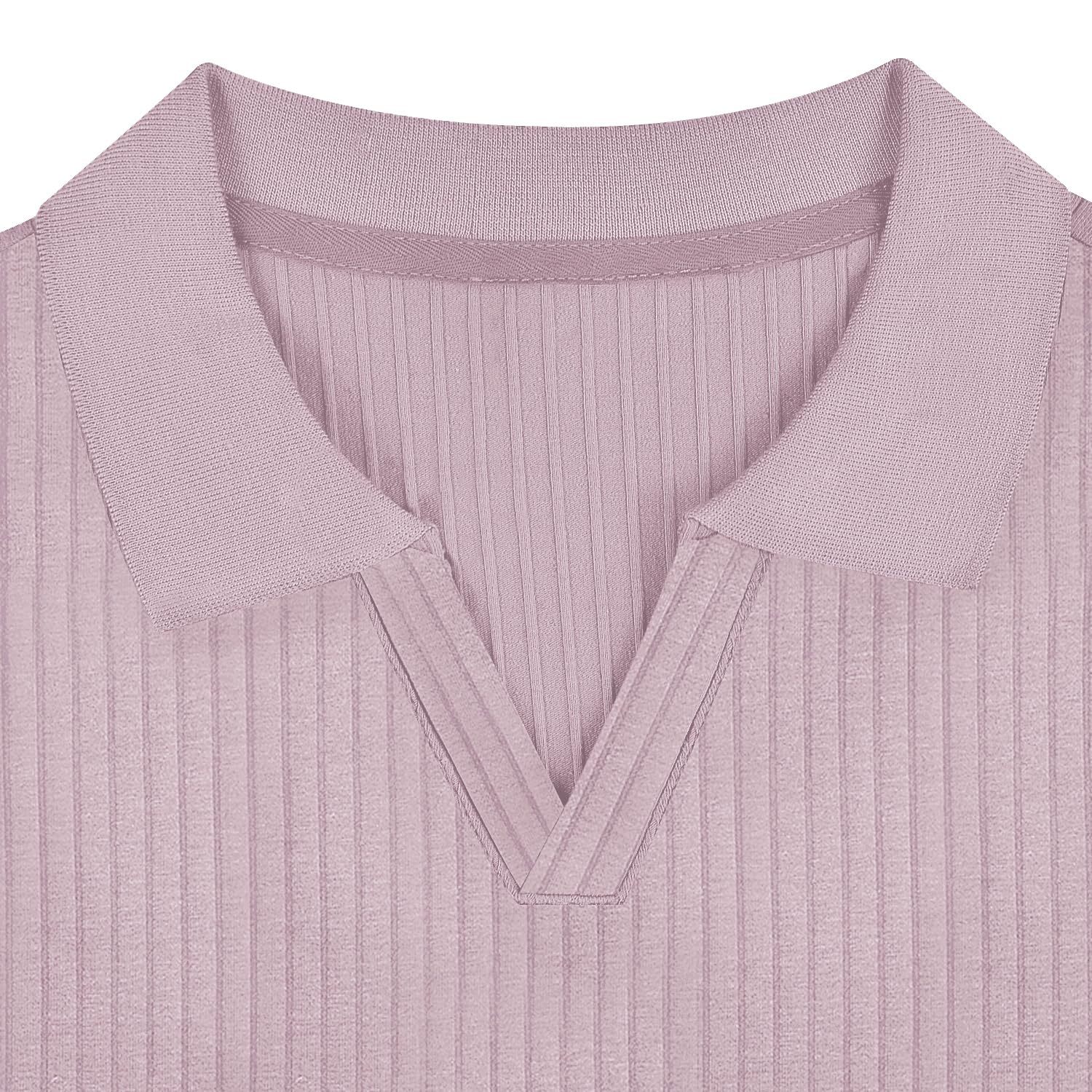 Ribbed Knit Short Sleeve Casual Polo Shirt Solid Collared V Neck Stretch Slim Fit Golf T Shirt