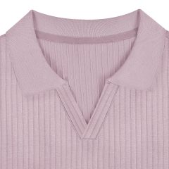 Ribbed Knit Short Sleeve Casual Polo Shirt Solid Collared V Neck Stretch Slim Fit Golf T Shirt