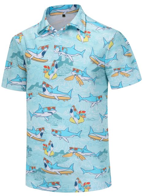 Funny Golf Shirt for Men Dry Fit Short Sleeve Print Men's Shark Golf Polo Shirt